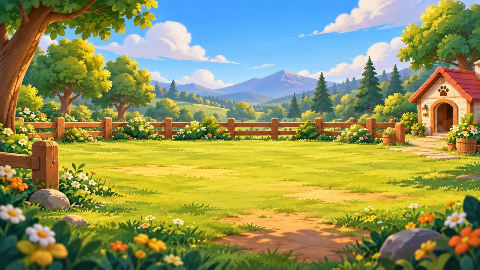 A sunny meadow with a wooden doghouse and flower beds.