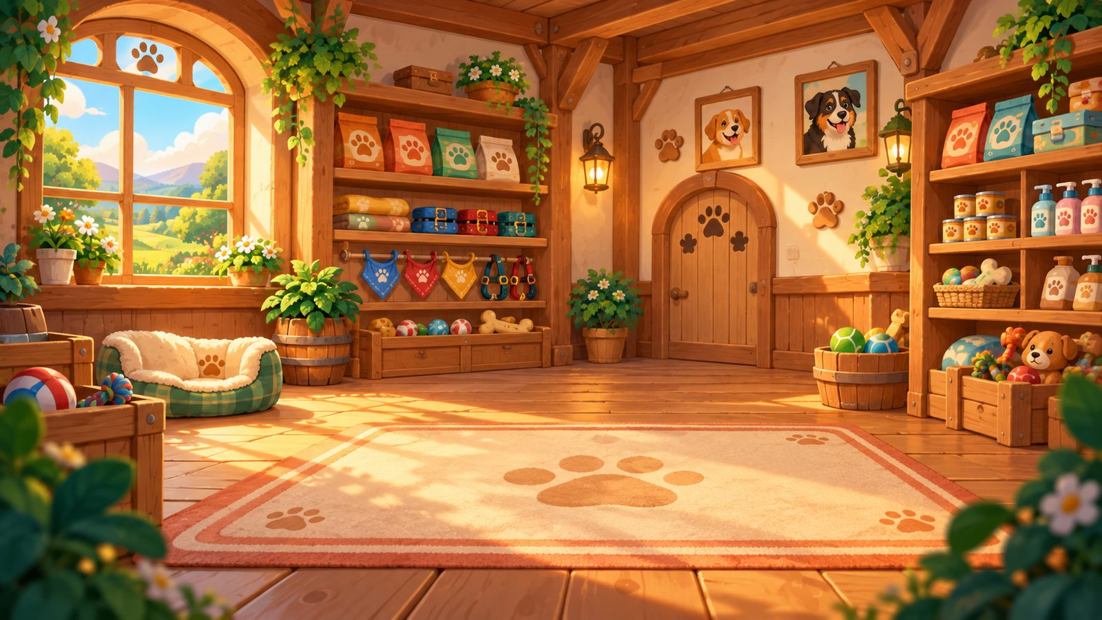 A wooden shop interior with toy bins, food sacks, and a paw-print rug.