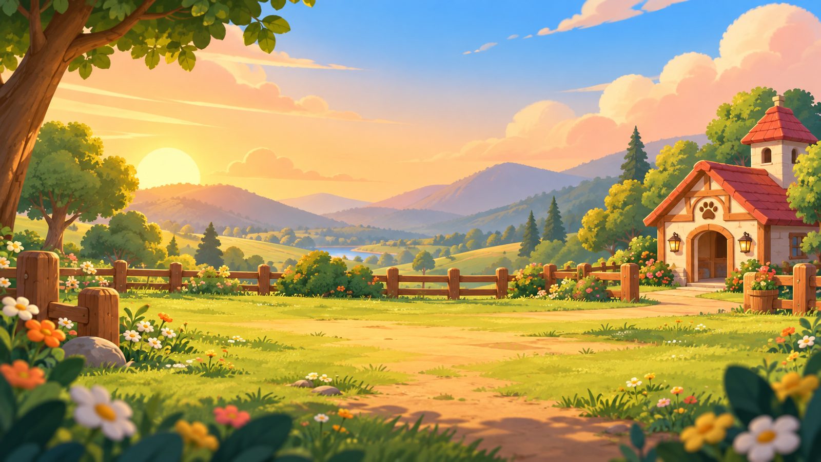 A sunset path leading to a small cottage with a paw print over the door.