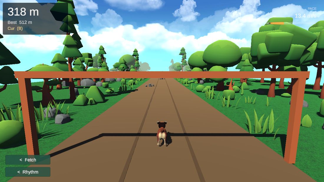 A dog running away down a forest trail in Run.