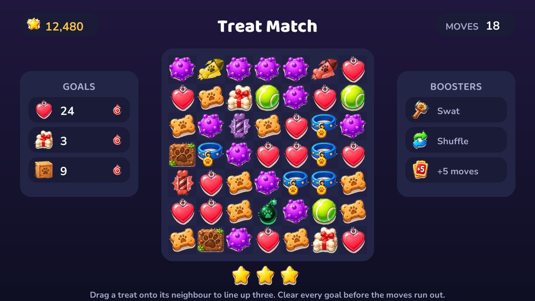 The Treat Match board, full of bones, hearts, tennis balls, and collars.